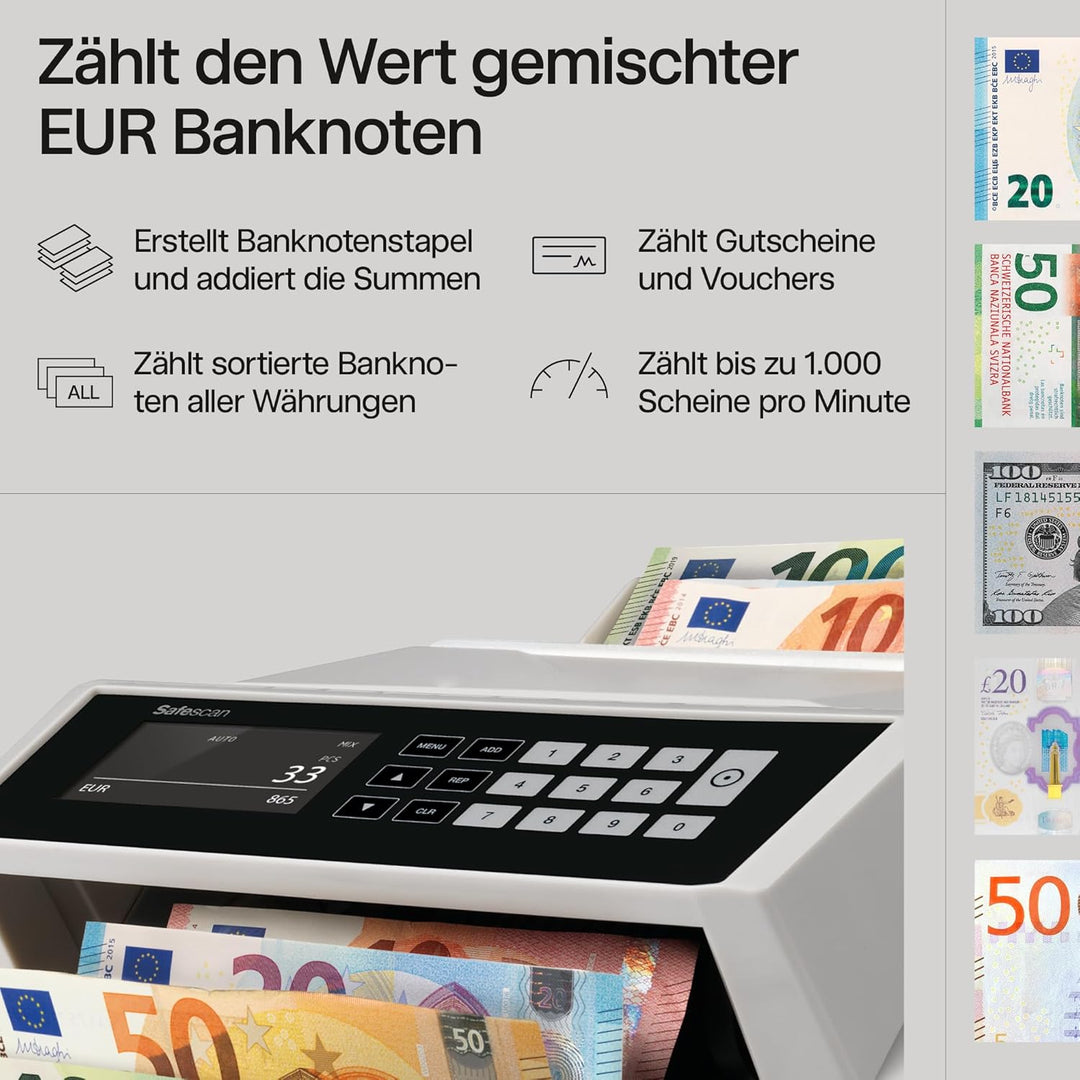 Safescan 2465-S - Banknotenzähler für gemischte Geldscheine, mit 7-facher Falschgeldprüfung & TP-230