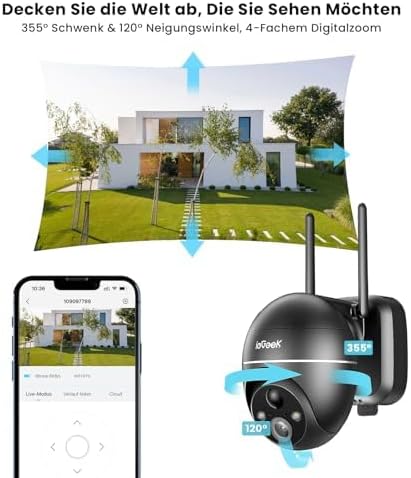 ieGeek 5MP Überwachungskamera Aussen Akku, PTZ Überwachungskamera Aussen WLAN mit Solarpanel,PIR-Bew