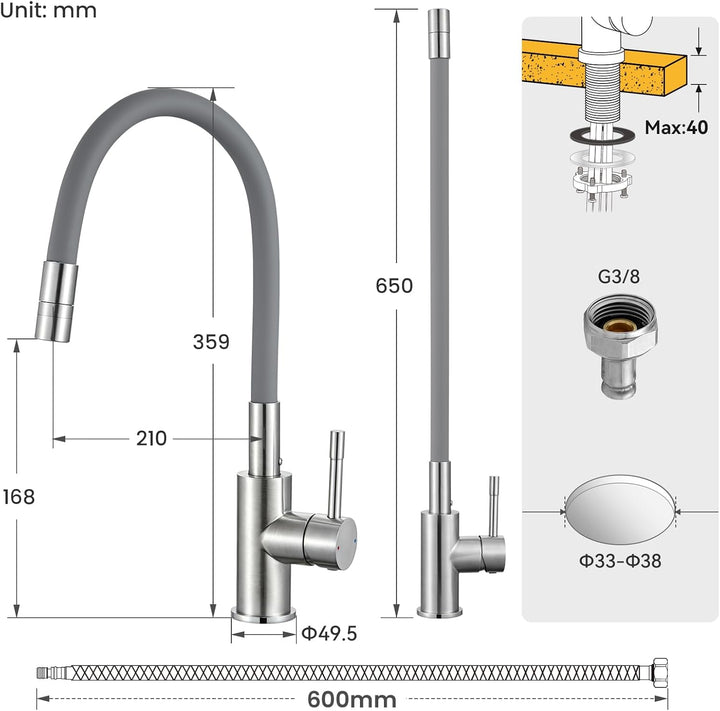 CECIPA Flexibler Küchenarmatur Grau, Wasserhahn Küche mit 2 Strahlarten, Mischbatterie Küche, Spülti
