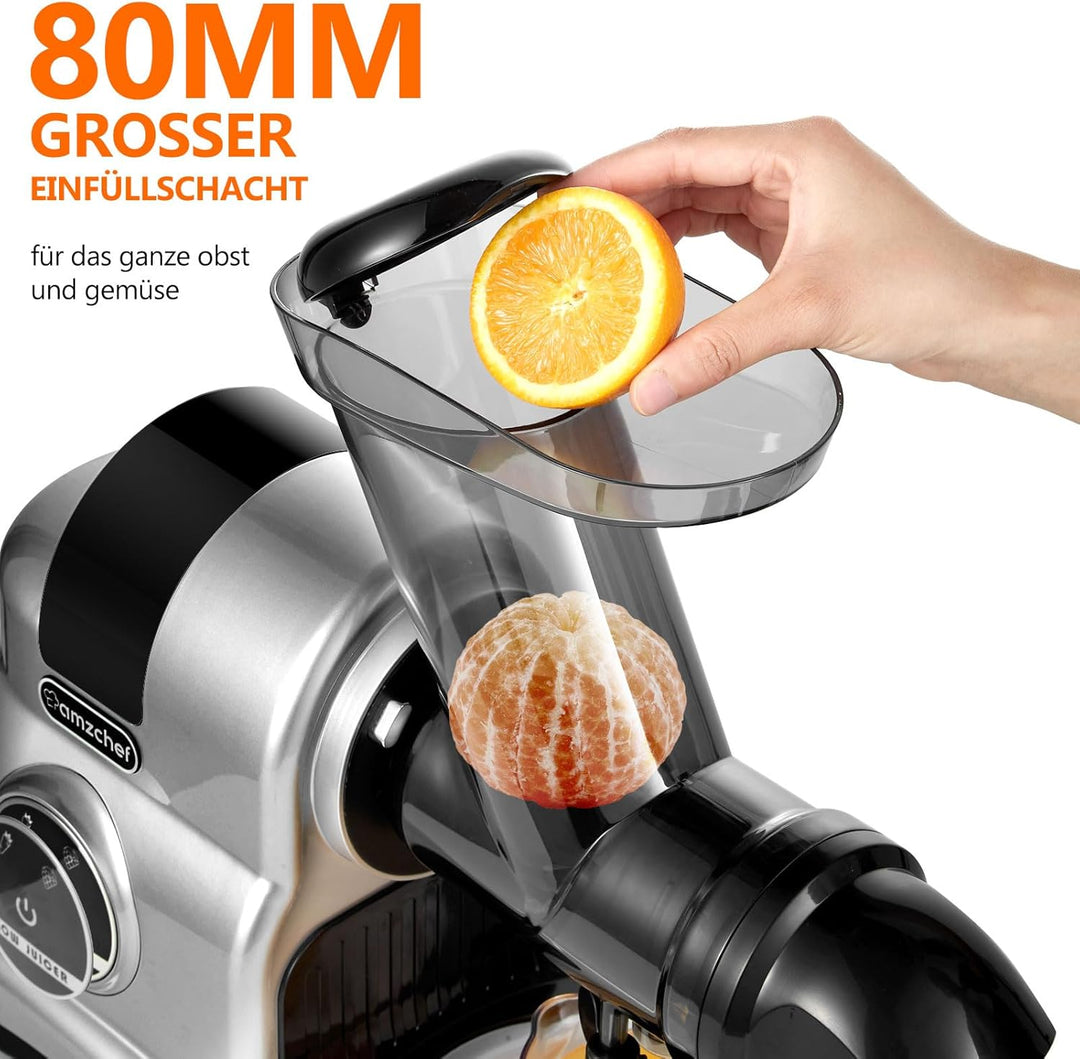 AMZCHEF Entsafter mit 80MM Grosser Einfüllschacht - 150W Entsafter Slow Juicer mit 2 Geschwindigkeit