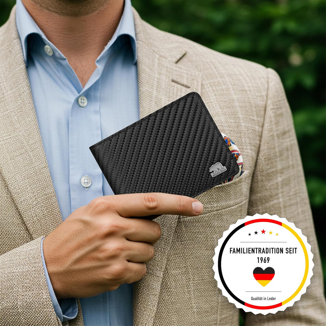 BROWN BEAR Geldbörse Herren Leder mit Münzfach gross | Schwarz Carbon | RFID-Schutz | Echtleder Port