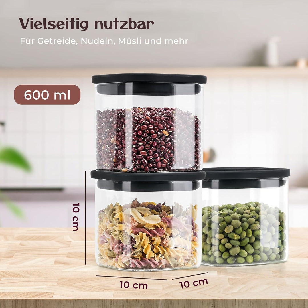 Happy Lemuro Vorratsgläser mit Deckel (4×600 ml) – Luftdichte Aufbewahrungsgläser mit Glasdeckel in