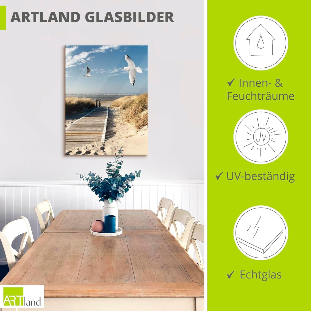 ARTland Glasbilder Wandbild Glas Bild einteilig 60x80 cm Hochformat Strand Meer Nordsee Küste Möwen