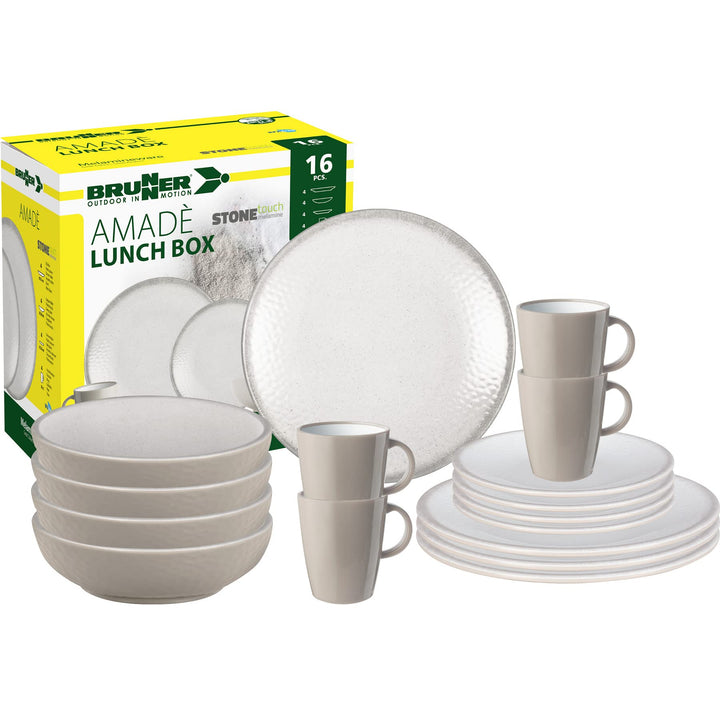 BRUNNER Melamin ESS Geschirr Set Lunch Box 16-teilig Camping Reise Teller Becher Standard, Standard