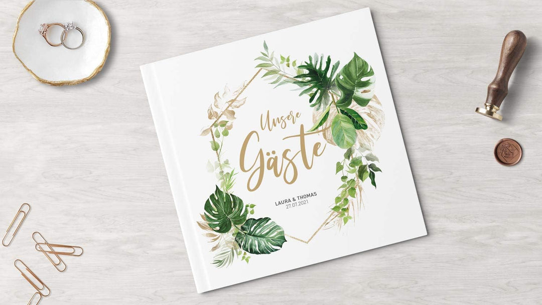 DeinWeddingshop Gästebuch Hochzeit - personalisiert - Hochzeitsgästebuch, Hardcover 21x21 cm (Inhalt