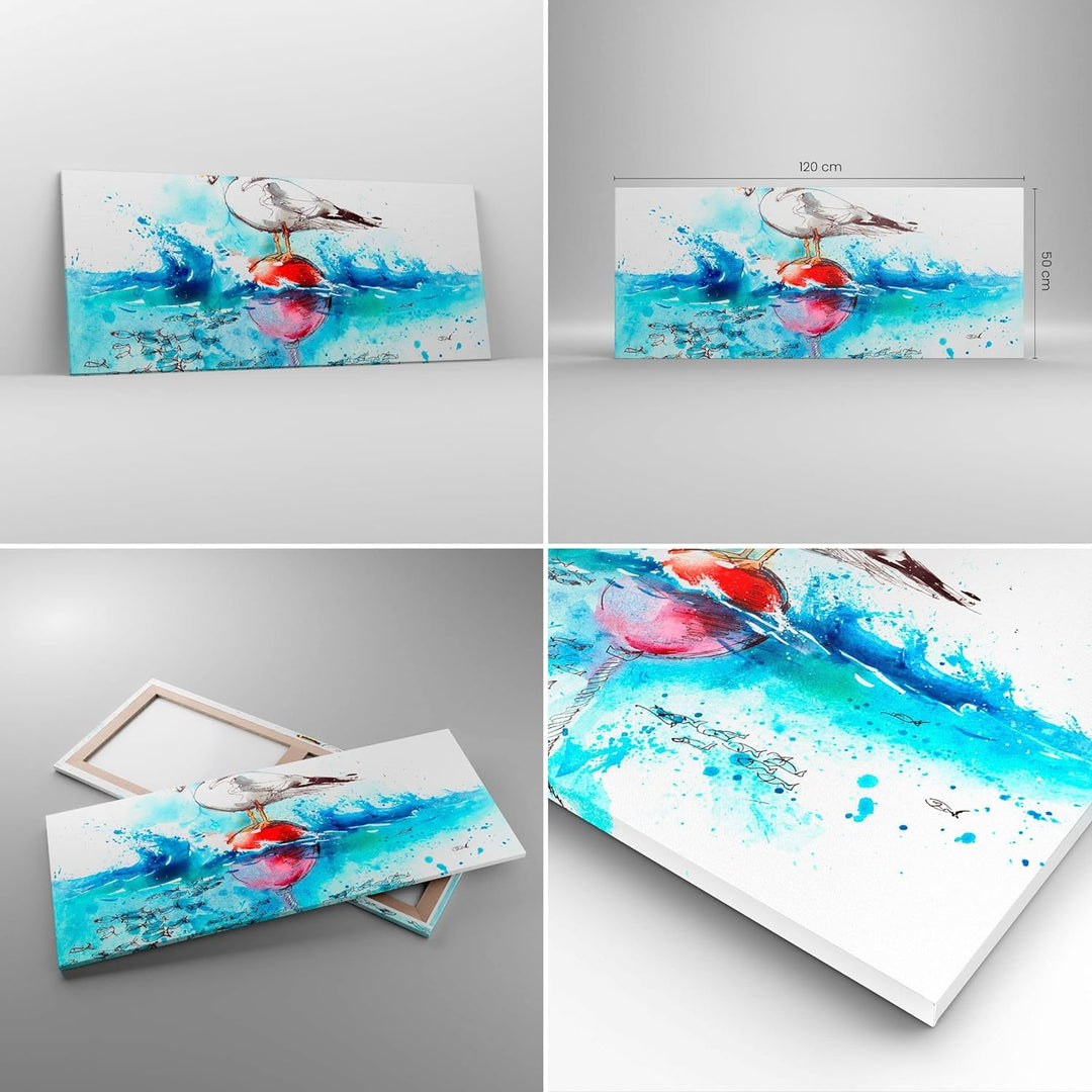 Wandbilder Dekoration Wohnzimmer Wasser Fische Möwe hungrig Panorama Bilder auf Leinwand 120x50cm Le