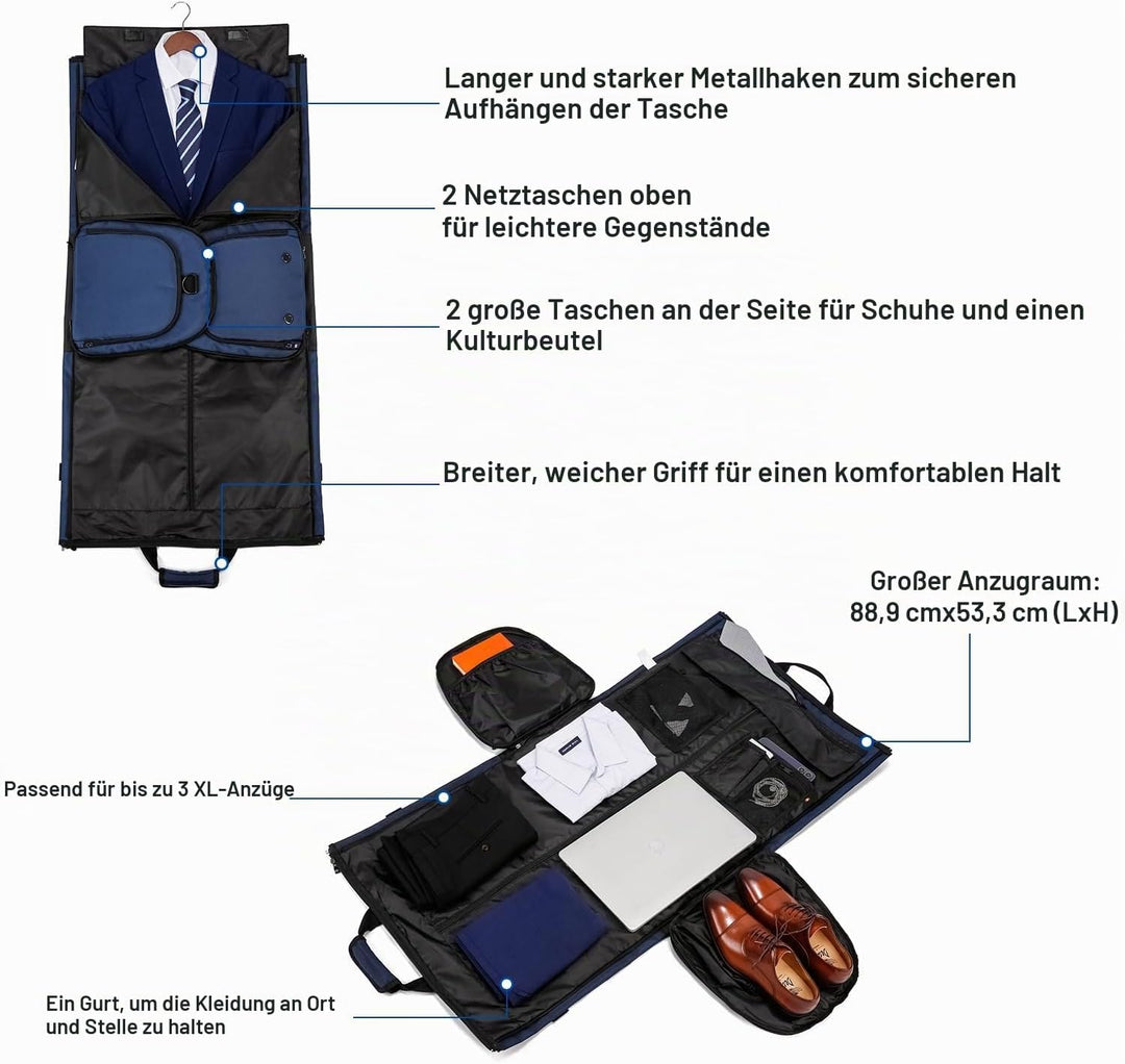 Kleidersack Reisetasche Anzugtasche Herren mit Abnehmbarer Schultergurt & Schuhfach, Faltbare Anzugt