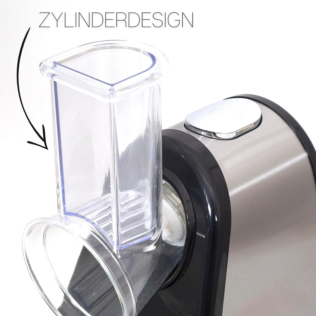 Elektrische Küchenreibe | 200 Watt | 4 Aufsätze | Trommeln aus Edelstahl | Elektrischer Gemüsehobel