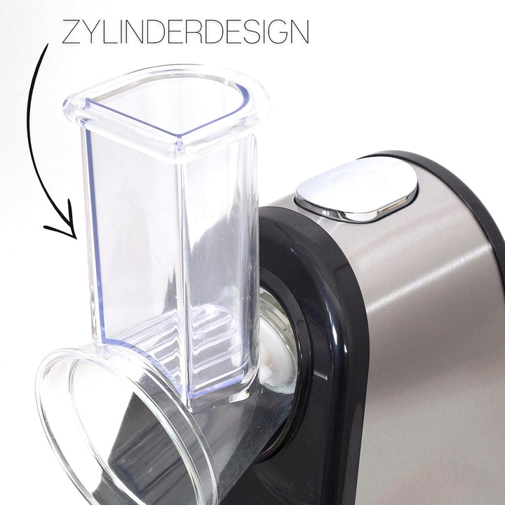 Elektrische Küchenreibe | 200 Watt | 4 Aufsätze | Trommeln aus Edelstahl | Elektrischer Gemüsehobel