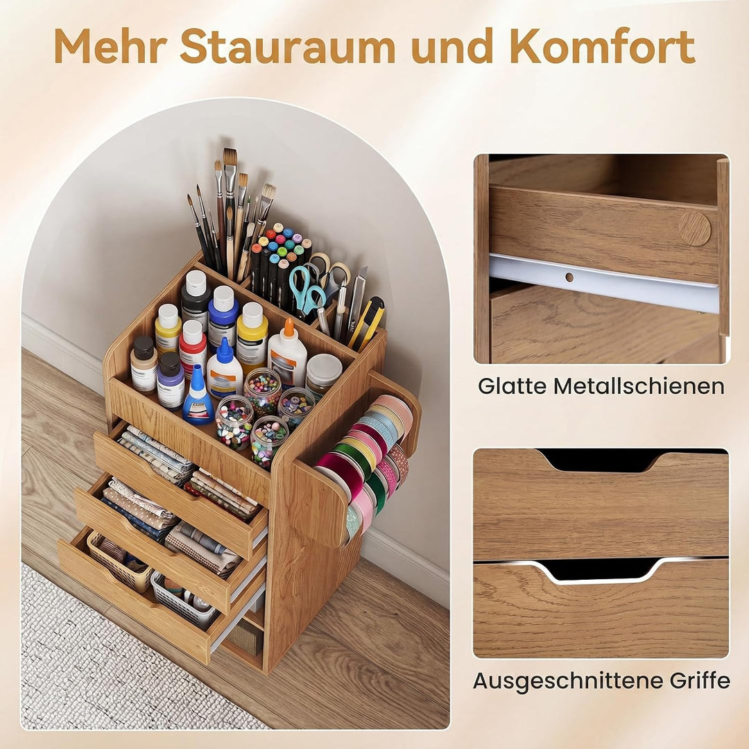 COSTWAY Rollcontainer mit 3 Schubladen, Rollwagen auf Rollen (Natur) | Bastelwagen mit 2 Rollstangen