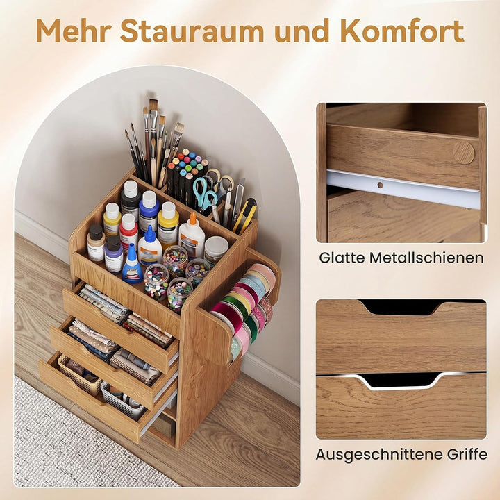 COSTWAY Rollcontainer mit 3 Schubladen, Rollwagen auf Rollen (Natur) | Bastelwagen mit 2 Rollstangen