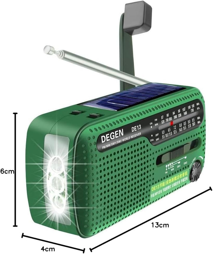 Degen DE13 Cranked Solar FM AM SW Receiver with Flashlight/SOS Alarm/Rechargeable Cell Phone for Eme