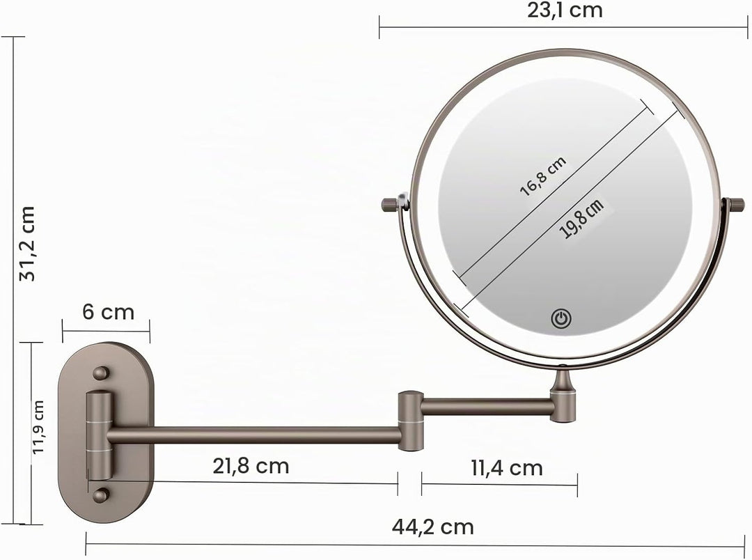 FUNTOUCH Wiederaufladbar Kosmetikspiegel mit 1X/ 10X Vergrösserung, Dimmbarer Rasierspiegel 3 Farben