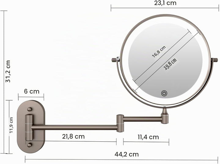 FUNTOUCH Wiederaufladbar Kosmetikspiegel mit 1X/ 10X Vergrösserung, Dimmbarer Rasierspiegel 3 Farben