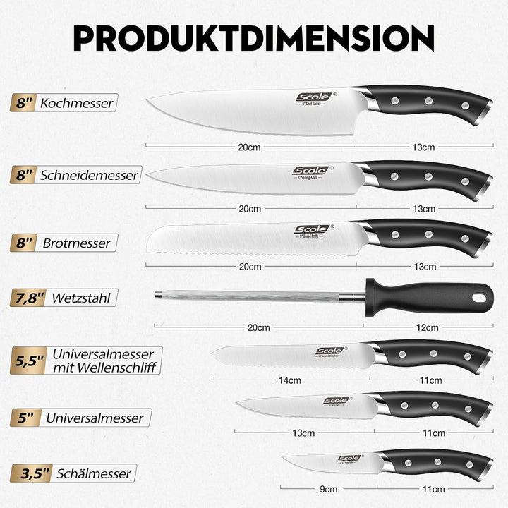 SCOLE® Messerset, Rasierscharf Küchenmesser Set 7-teilig mit Wetzstab, Messer Set, Profi Kochmesser