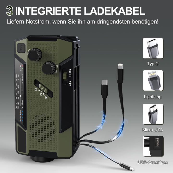 Kurbelradio Notfall Weltempfänger 4000 mAh (14800 mWh) mit 3 integrierten Kabeln Notfallradio mit ku