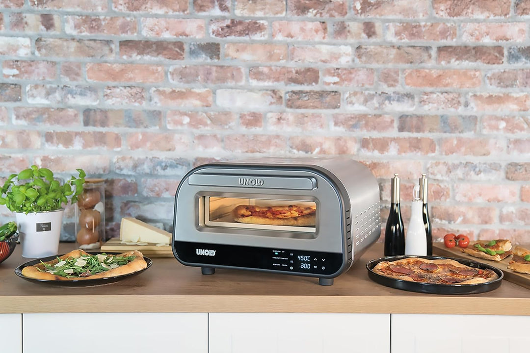 Unold Luigi Pizzaofen elektrisch 450 °C mit Pizzastein & Pizzaschieber Aluminium – Digitaler Pizzaof