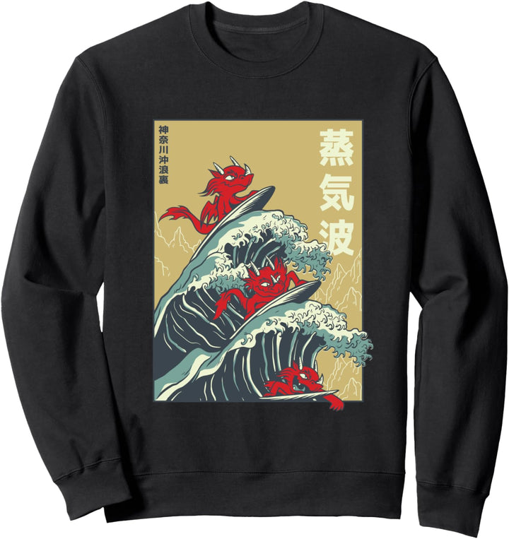 The Great Wave Off Kanagawa Retro Sonnenuntergang Japanischer Drache Sweatshirt
