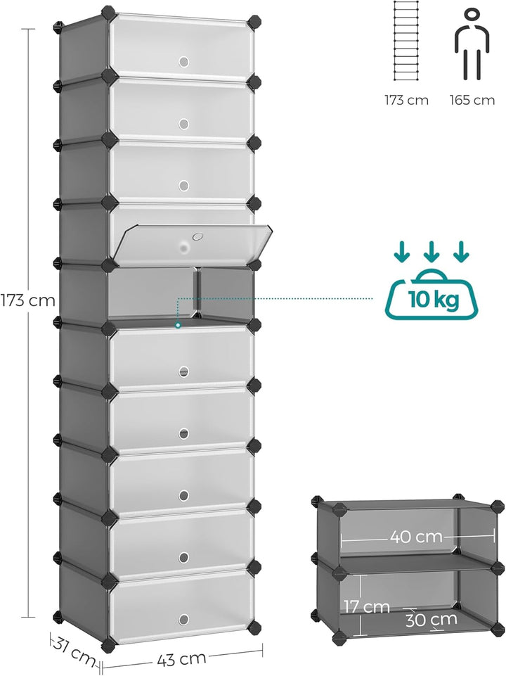 SONGMICS Schuhregal mit 10 Ebenen, Steckregal, Regalsystem, Schuh-Organizer, DIY-Regal, mit Tür, aus