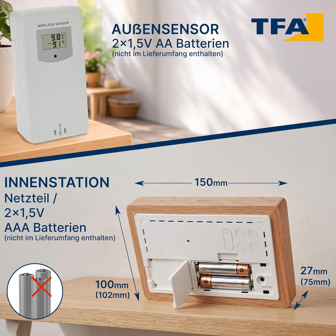 TFA Dostmann Funk-Wetterstation mit Aussensensor OAK, 35.1167.54, Wettervorhersage, mit Holz-Rahmen,