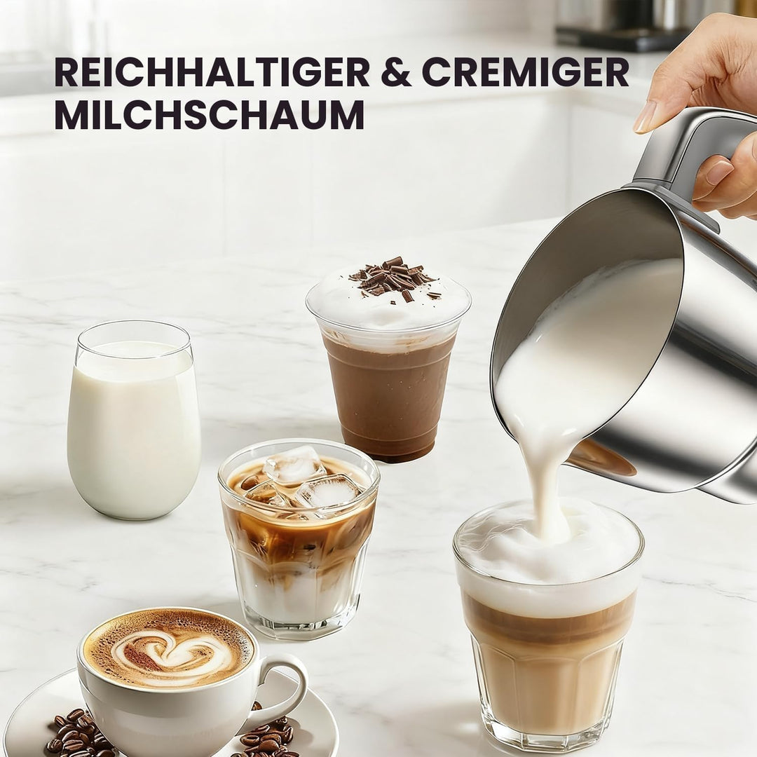 6-in-1 Elektrischer Milchschäumer und Dampfer mit abnehmbaren Bechern, Automatischer Kalter und Warm