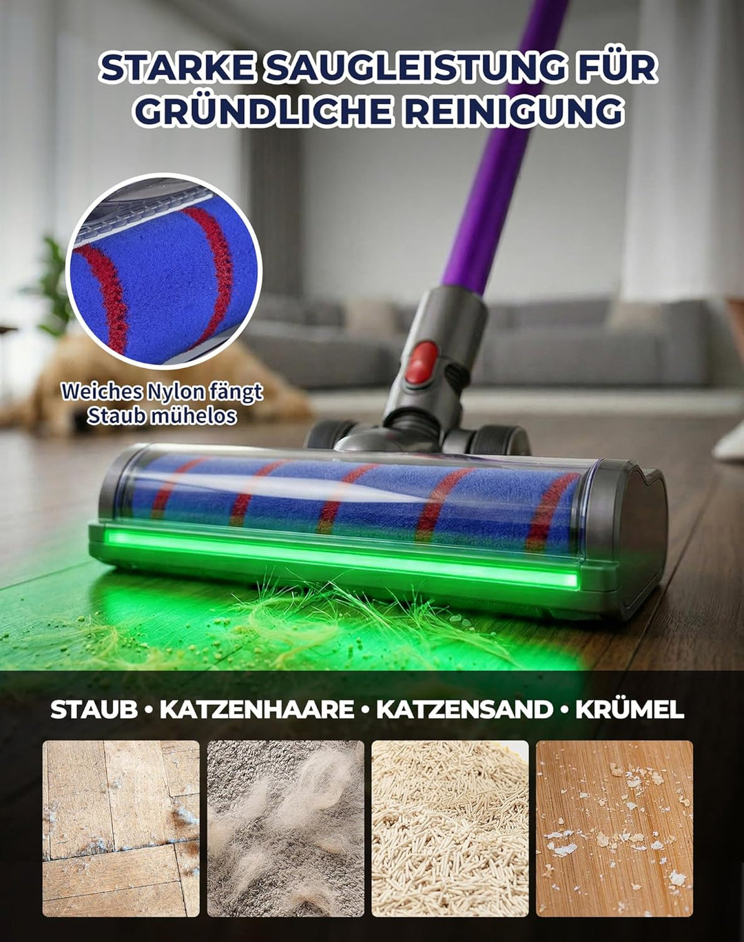 Bürste mit Softwalze für Dyson V7 V8 V10 V11 V15 Staubsauger LED Bodenbürste mit Stauberkennung Soft