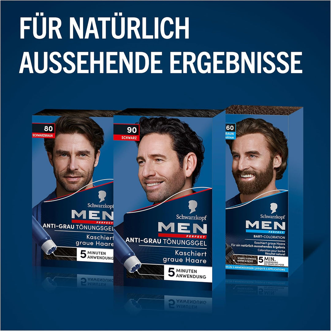 Schwarzkopf Men Perfect Anti-Grau Tönungs-Gel 90 Schwarz (80 ml), Haarfarbe für Männer blendet graue