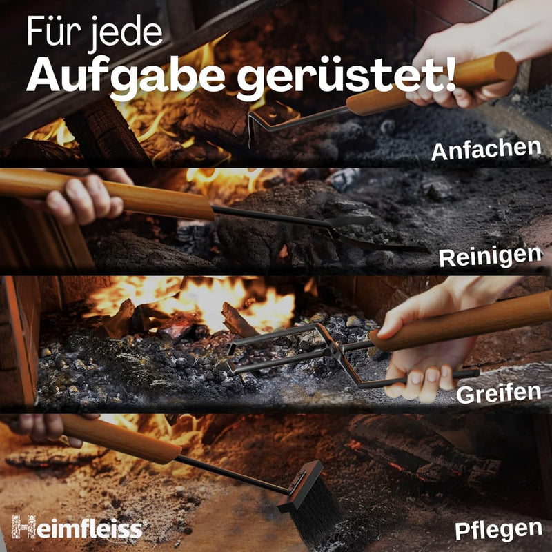 Heimfleiss® Kaminbesteck Schwarz Modern | Premium Ofenbesteck Kaminbesteck Set | Kaminzubehör mit Ho