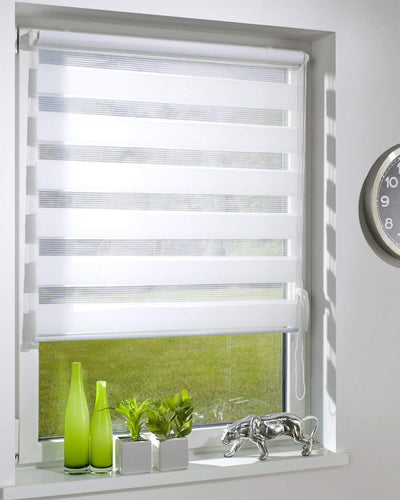 DecoProfi DR10115160 Duo-Doppelrollo mit Klemmträger/fix, Textil/System Breite 111 und 115 cm, weiss