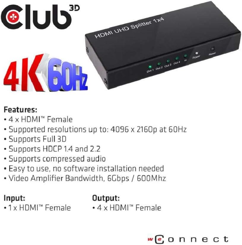 Club 3D CSV-1380 HDMI Splitter 1 Eingang auf 4 Ausg. 4K60Hz UHD retail Schwarz, CSV-1380
