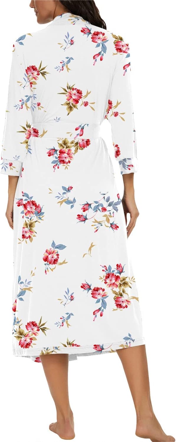 PrinStory Damen Bademantel Leichter 3/4 Ärmeln Morgenmantel V-Ausschnitt Kimono Roben Langes Nachtwä