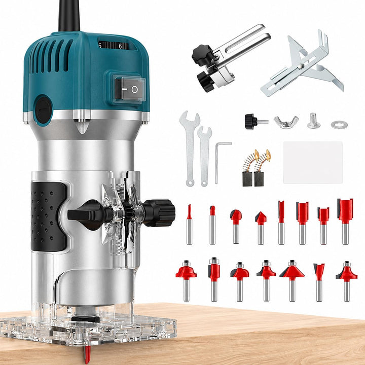 Holzfräse Oberfräse, 800W 30000 U/min Elektrik Kantenfräse mit 15 Pcs 1/4" Fräsen Cuter, 6 Variable