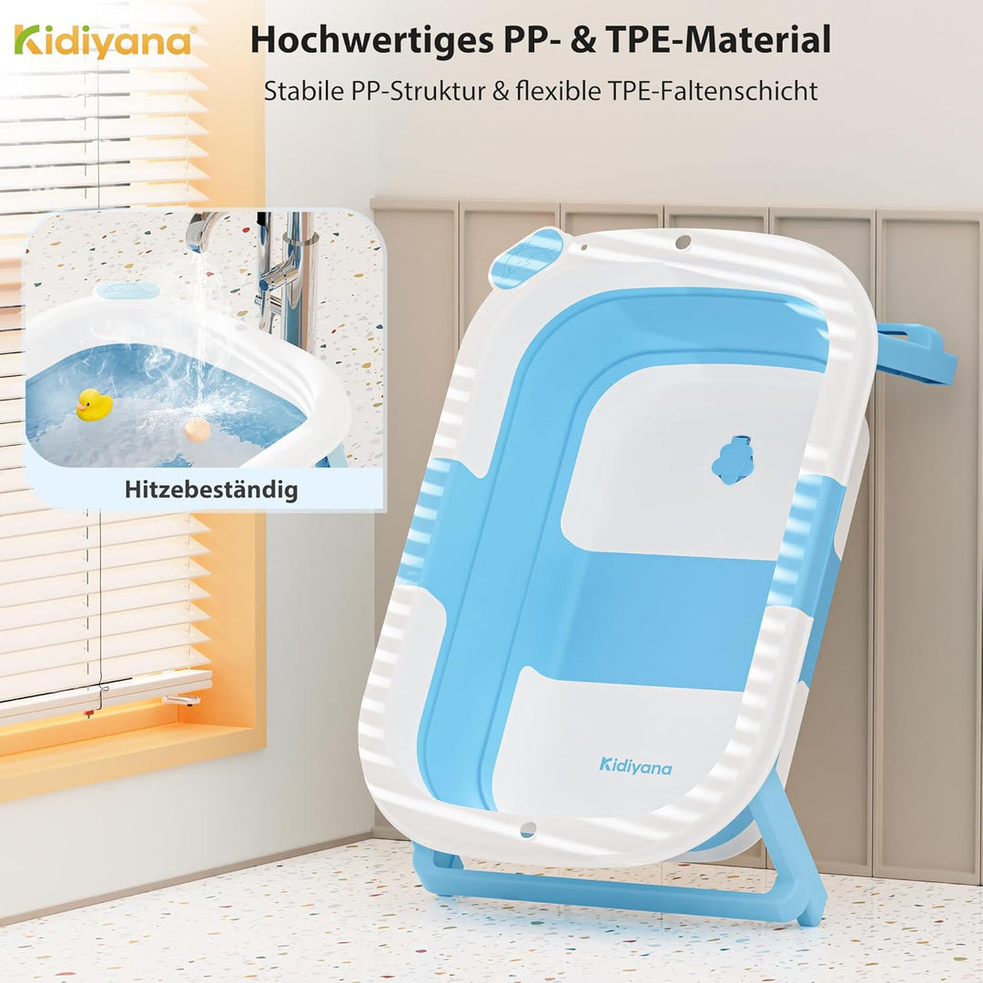 Baby Badewanne faltbar mit Gestell, stabil und rutschfest, platzsparend klappbar, mit Ablauf, PP & T