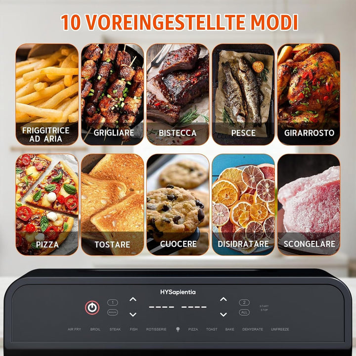 HYSapientia 22 Liter Backofen Heissluftfritteuse Doppelkorb Heissluftfritteuse 2400W Luftfritteuse 2