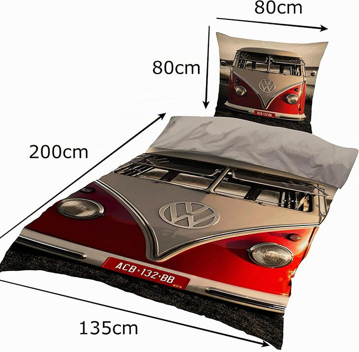 VW Volkswagen Bulli Bettwäsche T1 Rot 135 cm x 200 cm + 80 cm x 80 cm 100% Baumwolle Renforcé-Linon-