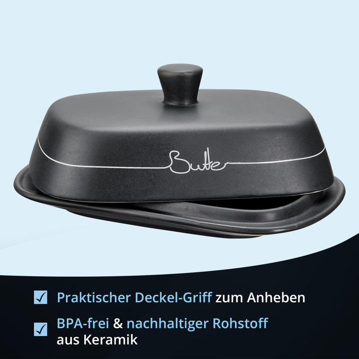 KHG Brotkasten Butterdose Set 2-teilig, Keramik Steingut poliert, Anthrazit Grau, Holz Deckel Bambus