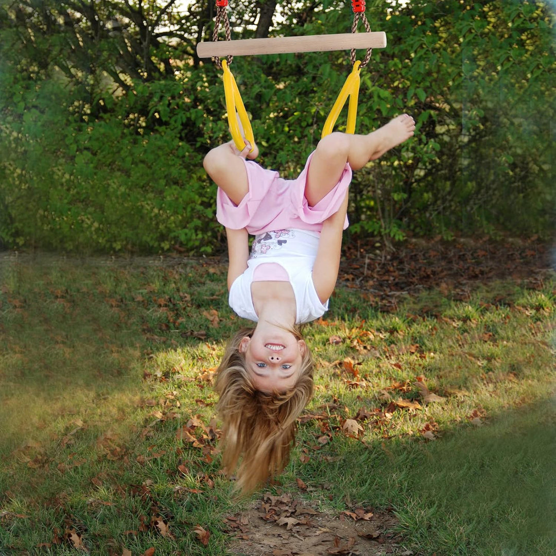 PELLOR Multifunktions Kinderholz Trapeze Schaukel mit Kunststoff Turnringe zum Aufhängen belastbar b