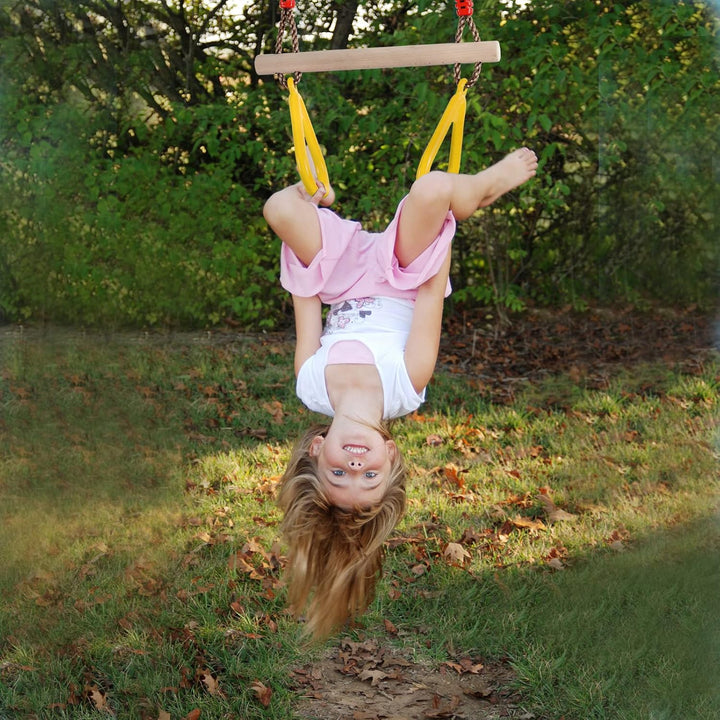 PELLOR Multifunktions Kinderholz Trapeze Schaukel mit Kunststoff Turnringe zum Aufhängen belastbar b