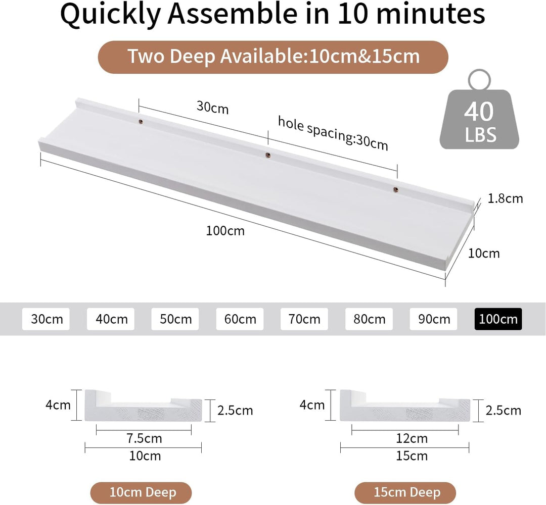 Wandregal Weiss, 100CM Bilderleiste Weiss massives Eichenholz Regal weiss Schweberegal für Fotorahme