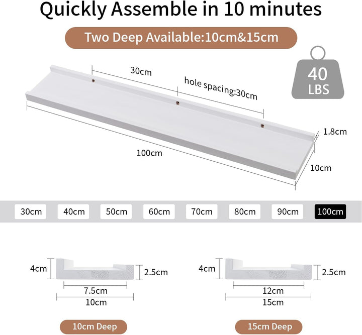 Wandregal Weiss, 100CM Bilderleiste Weiss massives Eichenholz Regal weiss Schweberegal für Fotorahme