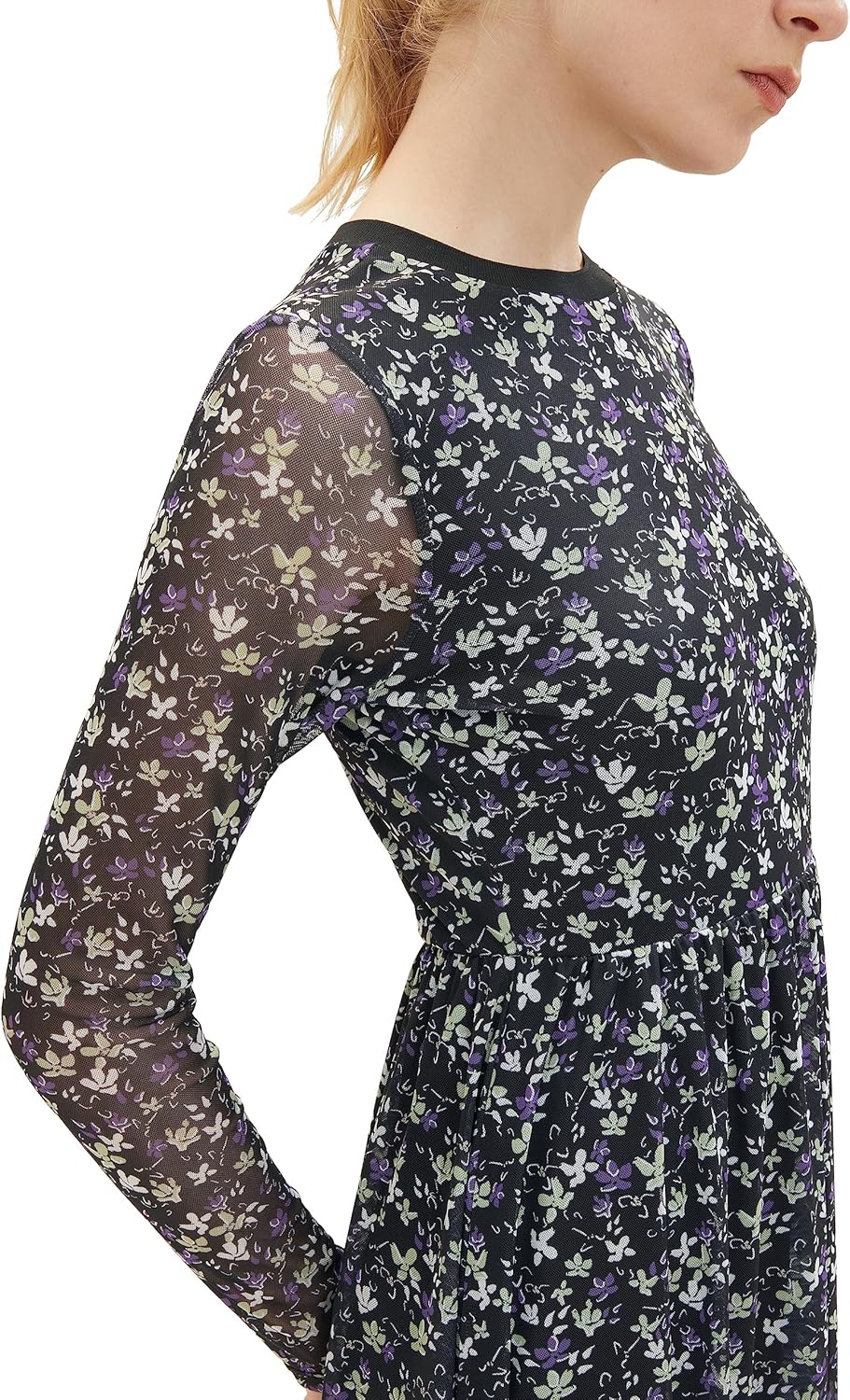 TOM TAILOR Denim Damen Denim Mesh Kleid mit Muster L 34262-black Flower Print, L 34262-black Flower