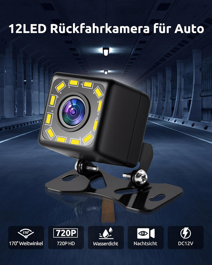 Essgoo LED Rückfahrkamera fürs Auto, IP68 wasserdicht 170° Weitwinkel Autoradio Backup Camera 720P R