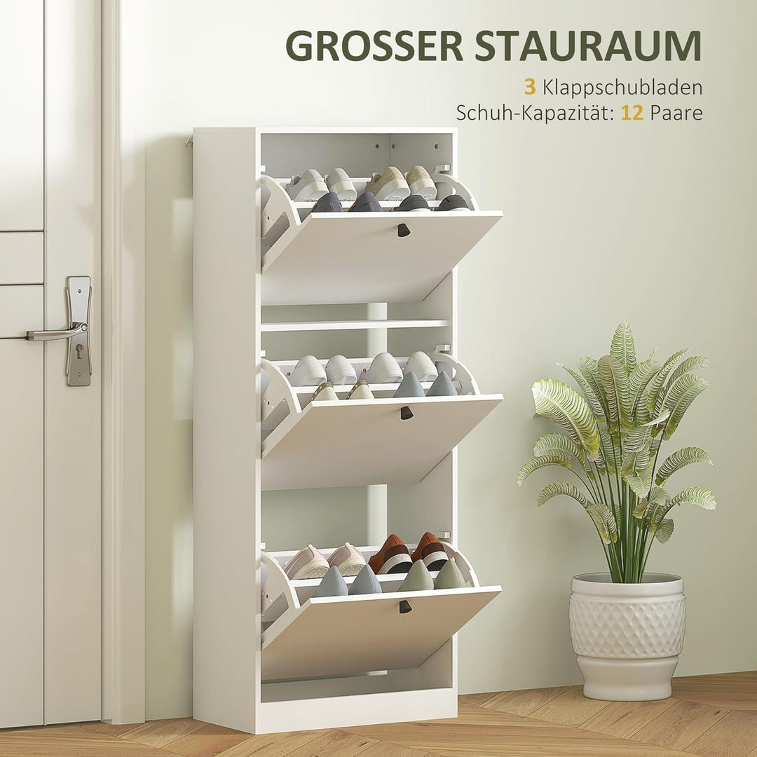 HOMCOM Schuhschrank mit 3 Klappen, Schuhregal mit Verstellbar Trennwand, Schuhkommode Schmal Schuhki