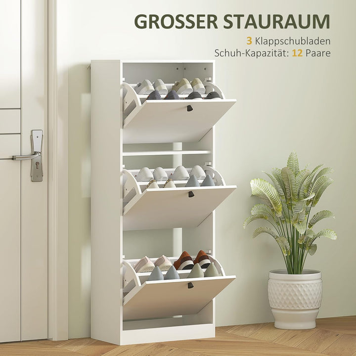 HOMCOM Schuhschrank mit 3 Klappen, Schuhregal mit Verstellbar Trennwand, Schuhkommode Schmal Schuhki