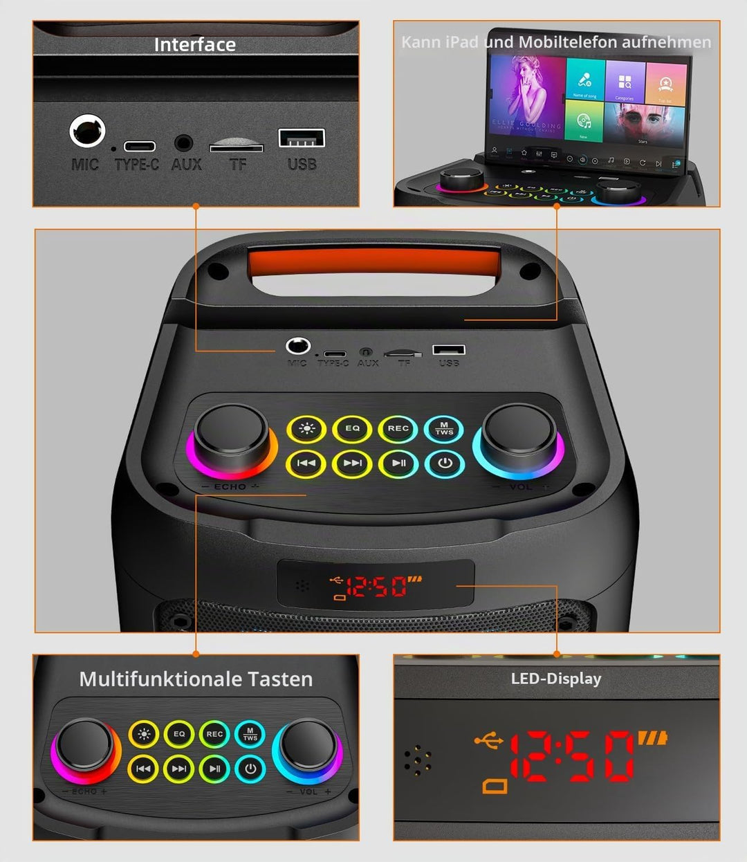 Karaoke Maschine mit 2 mikrofonen,tragbarer Bluetooth Karaoke Anlage mit LED Lichtern,PA System,idea