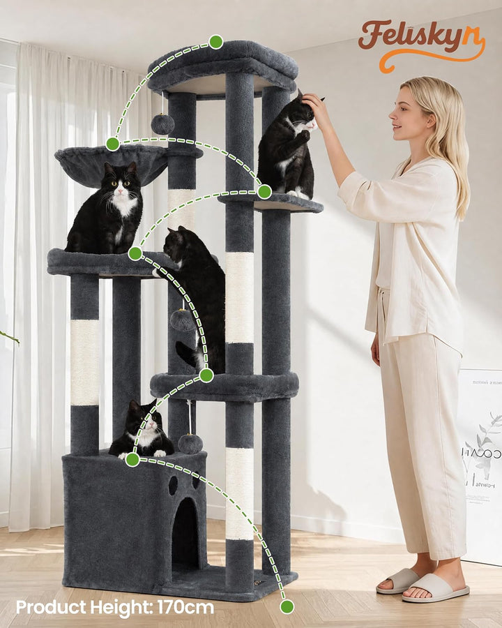 Kratzbaum Gross, Kratzbaum Grosse Katzen Stabil 170 cm hoch - Katzenbaum XL, Mehrstöckiger Katzenbau