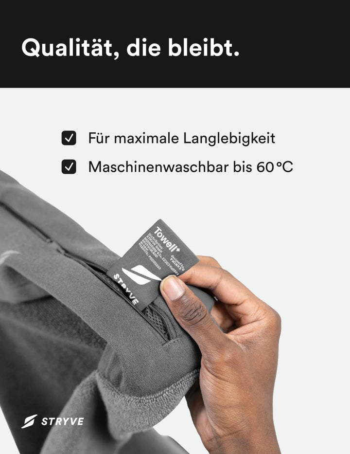 STRYVE Sporthandtuch – Das Original – Towell+ – Platinum Grey – 90 x 40 cm – Magnetclip & Rutschschu