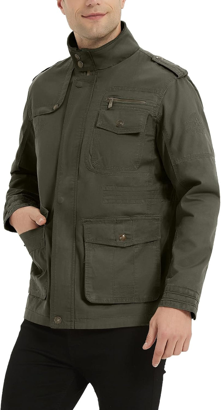 MERCIYD Herren Übergangsjacke Cargo Jacke Männer Stehkragen Baumwolle Jacke Multi Taschen Armeejacke