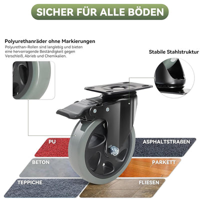 BAOLIHUI 125mm Schwerlastrollen Graue 4er Set Möbelrollen Bis zu 800KG, 360 Grad Doppelverriegelung