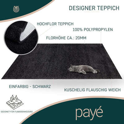 payé Teppich Wohnzimmer Hochflor Shaggy - 150x150cm - Schwarz Einfarbig Uni Flauschig Modern Boho De